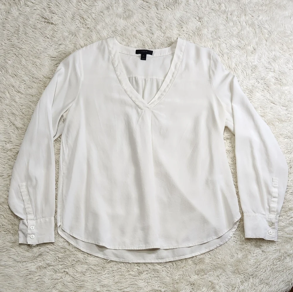 J. CREW Silk Vneck Long-sleeve Blouse Top Ivory Size 12 Business Career Workwear